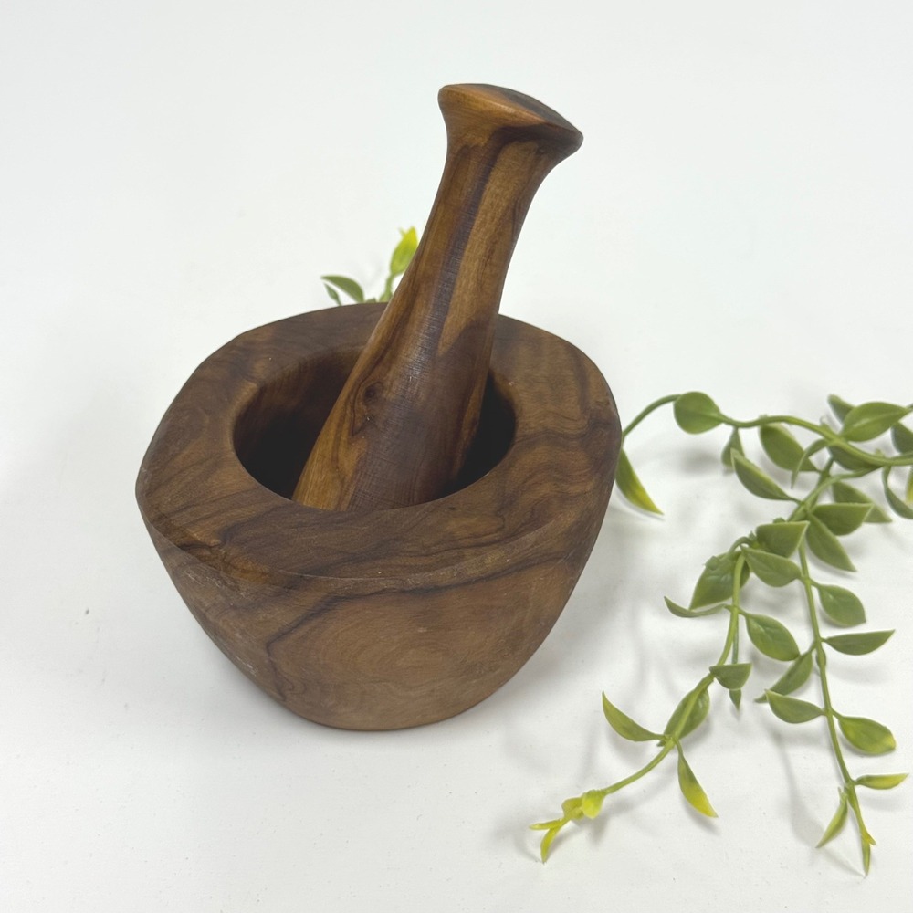 Vintage Hand Carved Olive Wood Mortar and Pestle Set Natural Grain Rustic Decor